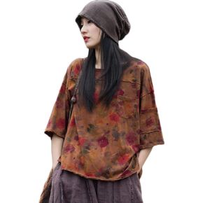 Summer Tops for Women Floral Print Blouse Short Sleeve Hi-Low T-Shirt Casual Comfy Cotton Tops
