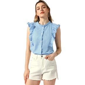 Allegra K Women's Summer Ruffle Blouse Round Neck Button Up Casual Sleeveless Shirt