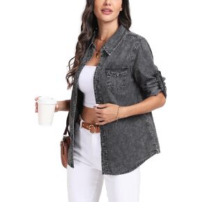 MISS MOLY Women Casual Button Down Long Sleeve Roll Up Oversized Boyfriend Distressed Denim Shirts