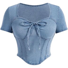 Floerns Women's Sweetheart Neck Asymmetrical Hem Knot Front Cropped Denim Blouses
