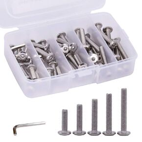 M6 x 50mm, 55mm, 60mm, 65mm, 70mm Stainless Steel Furniture Bolts Flat Socket Head Cap Screws Assortment 25 PCS, 304 Stainless Steel 18-8, Full Thread, Bright Finish