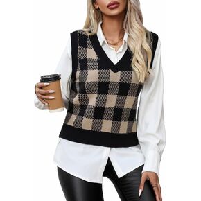 GAMISS Women's Sweater Vest V-Neck Plaid Pattern Sweater Sleeveless Tank Top Plaid Knitted Vest Pullover