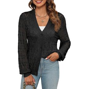 Zeagoo Women's Lightweight Crochet Cropped Cardigan 2024 V Neck Long Sleeve Button up Bolero Shrug Sweater