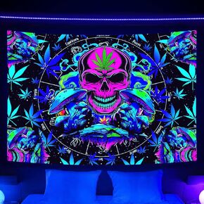 Blacklight Trippy Skull Weed Tapestry UV Reactive, Constellation Astrology Black Light Tapestry Psychedelic Cannabis Marijuana Leaf Mushroom Tapestry for Men Tarot Witchy Aesthetics Tapestry, 40X30IN