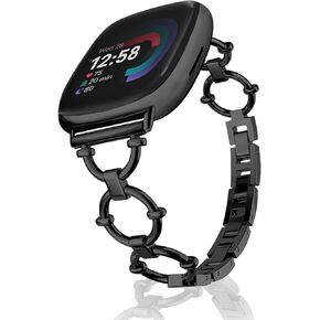 أربطة رفيعة متوافقة مع Fitibt Versa 4/Fitibt Versa 3/Fitibt Snese 2/Fitibt Sense، سوار بديل أنيق وقابل للتعديل، حزام معدني مجوهرات للنساء باللون الأسود in Kuwait