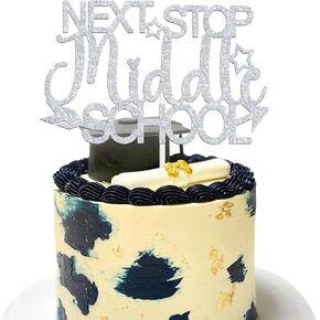 Next Stop Middle School Cake Topper, Congrats 5th Grade Grad, 2024 Elementary Graduate Graduation Party Decorations Supplies, Silver Glitter
