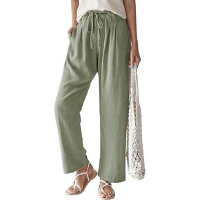 ebossy Women's Summer Drawstring Elastic Waist Cotton Linen Utility Beach Palazzo Pants Pockets