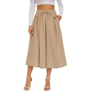 Double Plus Open Womens Casual Wide Leg Flowy Cropped Pants High Elastic Waist Drawstring Culottes with Pockets