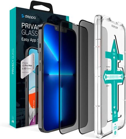 Deppa [عبوتان من واقي شاشة الخصوصية لهاتف iPhone 13 Pro Max/14 Plus (6.7 بوصة) غطاء كامل ثلاثي الأبعاد من الزجاج المقسى مع صينية أدوات التثبيت السهلة - مضاد للتجسس، الخصوصية، فيلم داكن، أسود (دليل الفيديو) in Kuwait