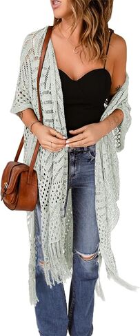 Sidefeel Women 2024 Open Front Short Sleeve Lightweight Crochet Cardigan Tassel Boho Kimono Sweater Outwear in Saudi Arabia