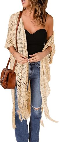 Sidefeel Women 2024 Open Front Short Sleeve Lightweight Crochet Cardigan Tassel Boho Kimono Sweater Outwear in Saudi Arabia