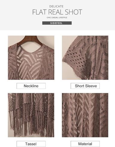 Sidefeel Women 2024 Open Front Short Sleeve Lightweight Crochet Cardigan Tassel Boho Kimono Sweater Outwear in Saudi Arabia