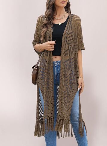 Sidefeel Women 2024 Open Front Short Sleeve Lightweight Crochet Cardigan Tassel Boho Kimono Sweater Outwear in Saudi Arabia