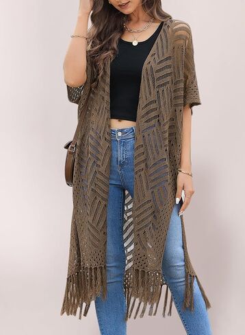 Sidefeel Women 2024 Open Front Short Sleeve Lightweight Crochet Cardigan Tassel Boho Kimono Sweater Outwear in Saudi Arabia