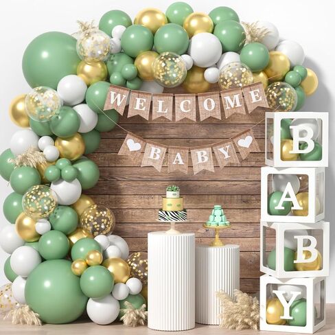 ESAG 145 قطعة من ديكورات حمام الأطفال باللون الأخضر المريمية، صناديق أطفال مع حروف (BABY+A-Z) مجموعة قوس بالون أخضر مريمية لافتة ترحيب بالطفل، سفاري تكشف عن جنس الطفل ديكورات استحمام الطفل محايدة in Saudi Arabia