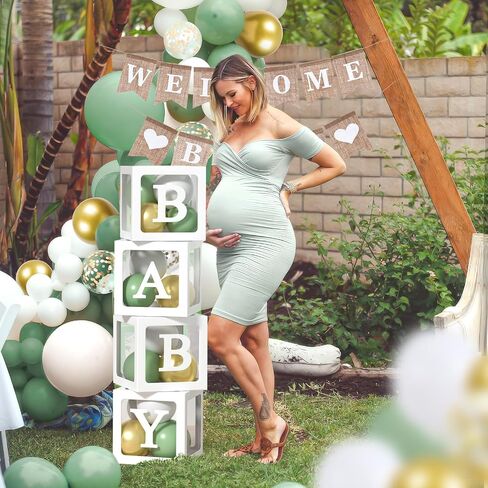 ESAG 145 قطعة من ديكورات حمام الأطفال باللون الأخضر المريمية، صناديق أطفال مع حروف (BABY+A-Z) مجموعة قوس بالون أخضر مريمية لافتة ترحيب بالطفل، سفاري تكشف عن جنس الطفل ديكورات استحمام الطفل محايدة in Saudi Arabia