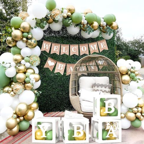 ESAG 145 قطعة من ديكورات حمام الأطفال باللون الأخضر المريمية، صناديق أطفال مع حروف (BABY+A-Z) مجموعة قوس بالون أخضر مريمية لافتة ترحيب بالطفل، سفاري تكشف عن جنس الطفل ديكورات استحمام الطفل محايدة in Saudi Arabia
