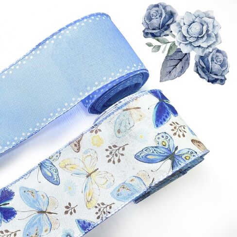 2 Rolls 10 Yards Spring Ribbons for Crafting, Butterfly Wired Edge Ribbon, White Blue Burlap Ribbon Bows for Wreaths Basket DIY Crafts Gift Party Bow Decoration,2 Rolls, 2.5inch in Saudi Arabia
