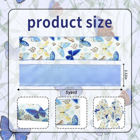 2 Rolls 10 Yards Spring Ribbons for Crafting, Butterfly Wired Edge Ribbon, White Blue Burlap Ribbon Bows for Wreaths Basket DIY Crafts Gift Party Bow Decoration,2 Rolls, 2.5inch in Saudi Arabia