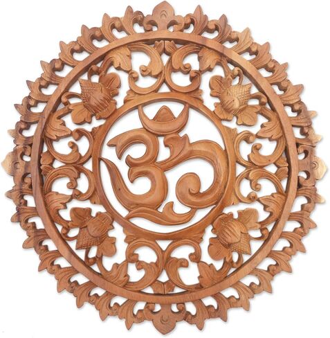 NOVICA Handmade Floral Om Corona Wood Relief Panel in Saudi Arabia