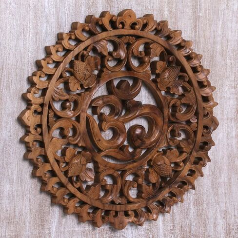 NOVICA Handmade Floral Om Corona Wood Relief Panel in Saudi Arabia