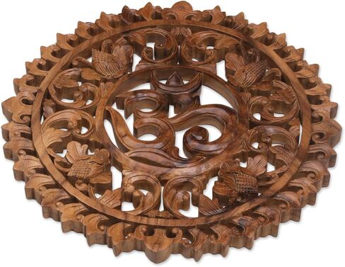 NOVICA Handmade Floral Om Corona Wood Relief Panel in Saudi Arabia