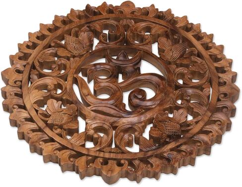 NOVICA Handmade Floral Om Corona Wood Relief Panel in Saudi Arabia