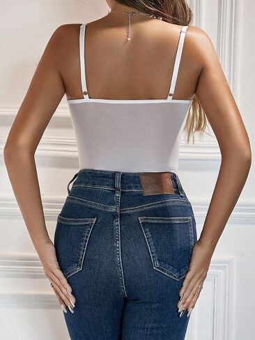 Milumia Women's Floral Lace Sheer Mesh Corset Bodysuit Spaghetti Strap Cami Top Lace Up White Medium in Saudi Arabia