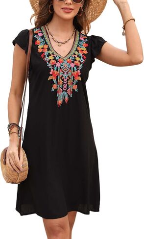LauraKlein Mexican Embroidered Summer Dress Ruffled Sleeve Boho V Neck Mini Dress for Women 2024 Plus Size Casual Dresses in Saudi Arabia