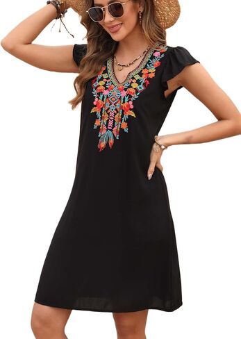 LauraKlein Mexican Embroidered Summer Dress Ruffled Sleeve Boho V Neck Mini Dress for Women 2024 Plus Size Casual Dresses in Saudi Arabia