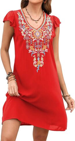 LauraKlein Mexican Embroidered Summer Dress Ruffled Sleeve Boho V Neck Mini Dress for Women 2024 Plus Size Casual Dresses in Saudi Arabia