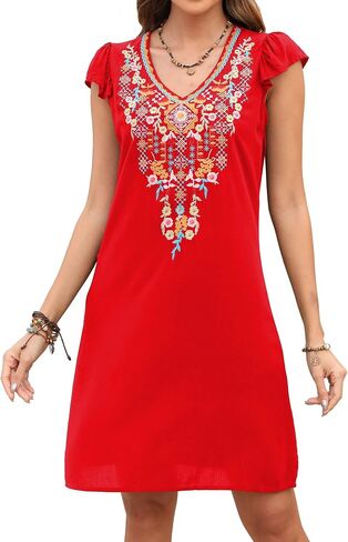 LauraKlein Mexican Embroidered Summer Dress Ruffled Sleeve Boho V Neck Mini Dress for Women 2024 Plus Size Casual Dresses in Saudi Arabia