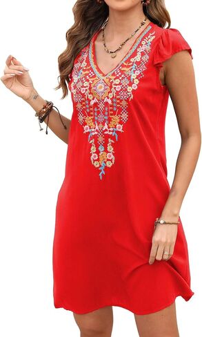 LauraKlein Mexican Embroidered Summer Dress Ruffled Sleeve Boho V Neck Mini Dress for Women 2024 Plus Size Casual Dresses in Saudi Arabia