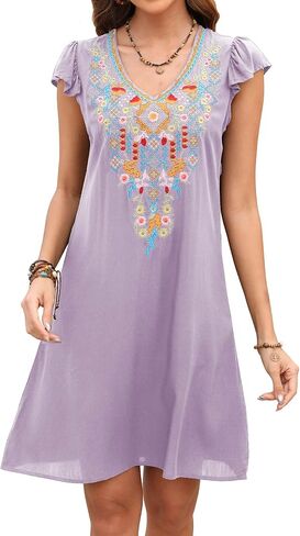 LauraKlein Mexican Embroidered Summer Dress Ruffled Sleeve Boho V Neck Mini Dress for Women 2024 Plus Size Casual Dresses in Kuwait