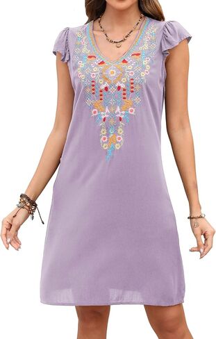LauraKlein Mexican Embroidered Summer Dress Ruffled Sleeve Boho V Neck Mini Dress for Women 2024 Plus Size Casual Dresses in Kuwait