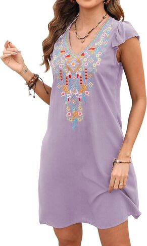 LauraKlein Mexican Embroidered Summer Dress Ruffled Sleeve Boho V Neck Mini Dress for Women 2024 Plus Size Casual Dresses in Kuwait