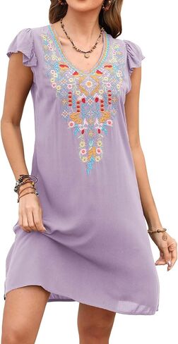LauraKlein Mexican Embroidered Summer Dress Ruffled Sleeve Boho V Neck Mini Dress for Women 2024 Plus Size Casual Dresses in Kuwait