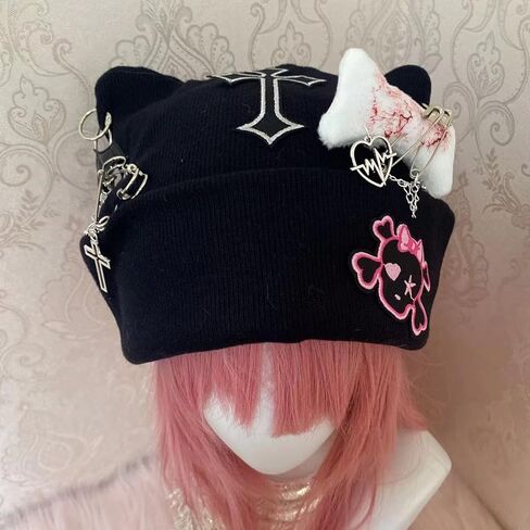 Cross Black Beanie Hat Goth Cat Ear Hat Y2K Accessories Grunge Hat Crochet Knitted Hats for Women Girls in Kuwait