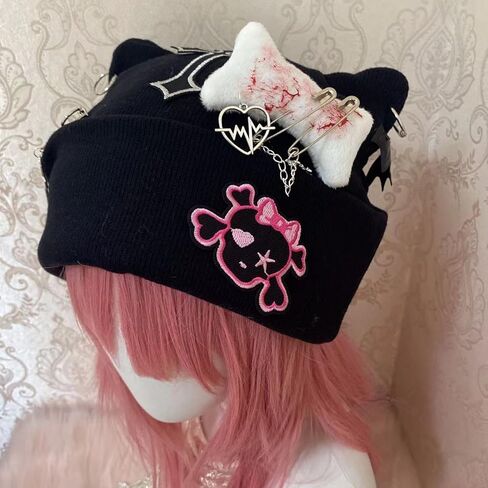 Cross Black Beanie Hat Goth Cat Ear Hat Y2K Accessories Grunge Hat Crochet Knitted Hats for Women Girls in Kuwait