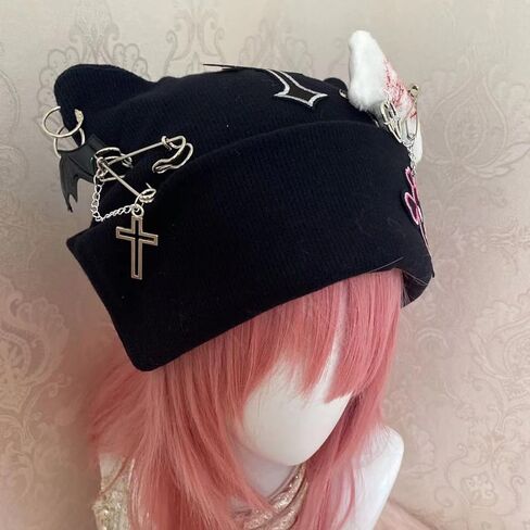 Cross Black Beanie Hat Goth Cat Ear Hat Y2K Accessories Grunge Hat Crochet Knitted Hats for Women Girls in Kuwait