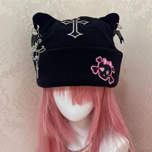 Cross Black Beanie Hat Goth Cat Ear Hat Y2K Accessories Grunge Hat Crochet Knitted Hats for Women Girls in Kuwait