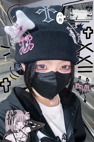 Cross Black Beanie Hat Goth Cat Ear Hat Y2K Accessories Grunge Hat Crochet Knitted Hats for Women Girls in Kuwait