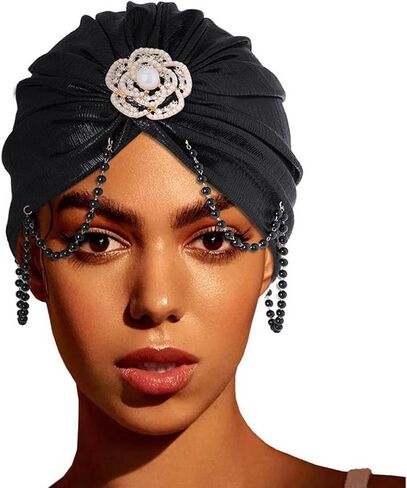قبعة Woeoe للسيدات عمامة أفريقية سوداء بشرابة للرأس ملتفة مسبقًا باللؤلؤ المربوط بالخرز وغطاء للرأس in Kuwait