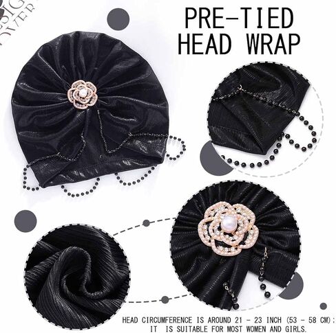 قبعة Woeoe للسيدات عمامة أفريقية سوداء بشرابة للرأس ملتفة مسبقًا باللؤلؤ المربوط بالخرز وغطاء للرأس in Kuwait