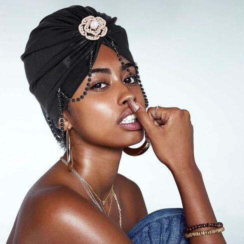 قبعة Woeoe للسيدات عمامة أفريقية سوداء بشرابة للرأس ملتفة مسبقًا باللؤلؤ المربوط بالخرز وغطاء للرأس in Kuwait