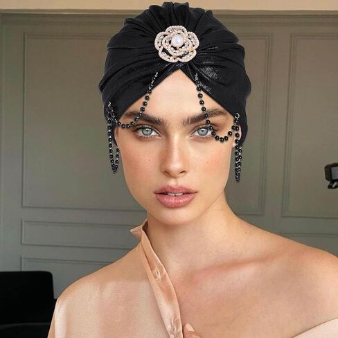 قبعة Woeoe للسيدات عمامة أفريقية سوداء بشرابة للرأس ملتفة مسبقًا باللؤلؤ المربوط بالخرز وغطاء للرأس in Kuwait