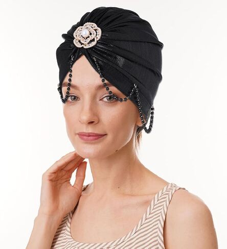 قبعة Woeoe للسيدات عمامة أفريقية سوداء بشرابة للرأس ملتفة مسبقًا باللؤلؤ المربوط بالخرز وغطاء للرأس in Kuwait