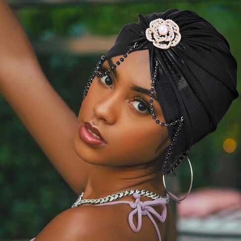 قبعة Woeoe للسيدات عمامة أفريقية سوداء بشرابة للرأس ملتفة مسبقًا باللؤلؤ المربوط بالخرز وغطاء للرأس in Kuwait