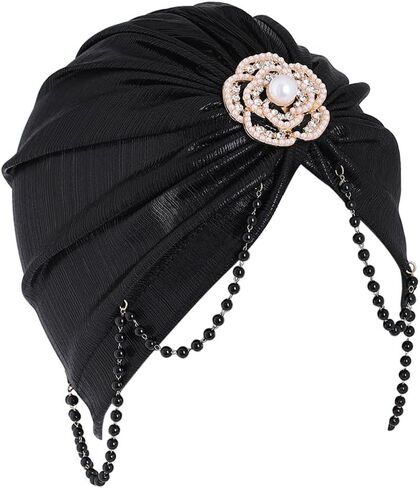 قبعة Woeoe للسيدات عمامة أفريقية سوداء بشرابة للرأس ملتفة مسبقًا باللؤلؤ المربوط بالخرز وغطاء للرأس in Kuwait