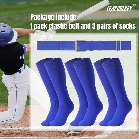 LEACOOLKEY Baseball Belt and Socks Combo Set 3 Pairs of Softball Socks and 1 Pack Elastic Belt for Youth and Adult in Saudi Arabia